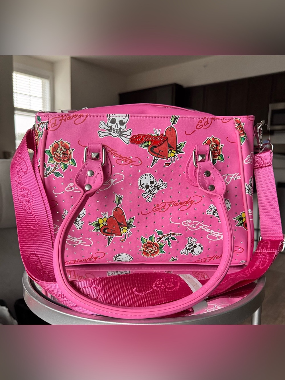 Ed Hardy Hot Pink Skull Rose Heart Rhinestone Satchel Tote Bag Y2K Crossbody